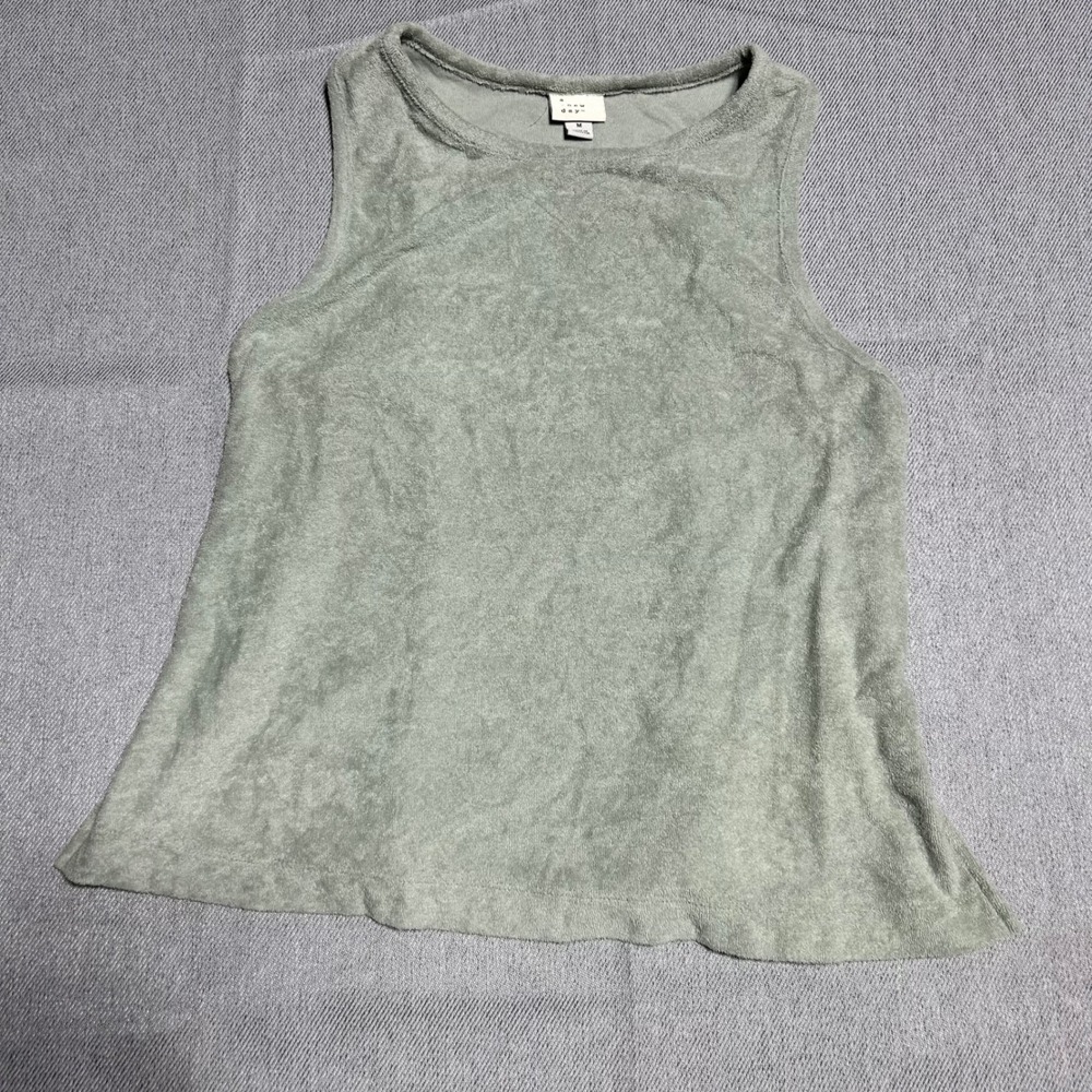 Tank Top Women Medium Sage Green Sleeveless Terry Cloth Boho Cottagecore